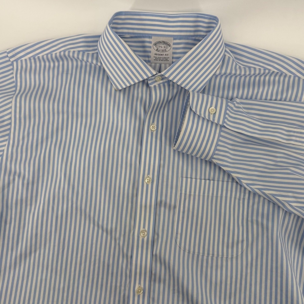 Brooks Brothers Shirt Mens 17.5 Blue White Regent‎ Fit Striped Non-Iron Stretch
